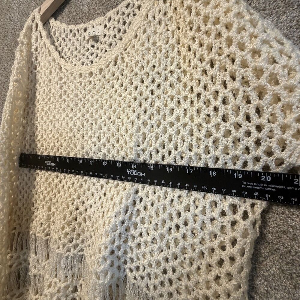 POL Clothing Womens Medium Cream Open Knit Crochet Bell Sleeve Sweater BST8 Boho - Picture 5 of 9